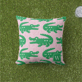  Alligator Greek Key- Pink & Green Monogram Kudde