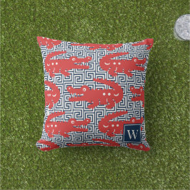  Alligator Greek Key- Red & Navy Monogram Kudde