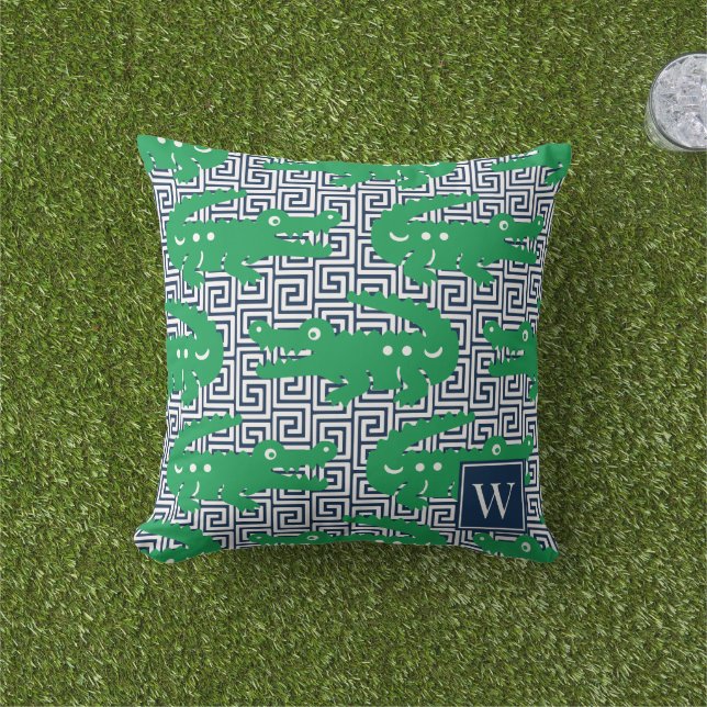 Alligator Grekisk Knut- Grön & Marin Monogram Kudde (Gräs)