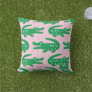 Alligator Grekisk Nyckel - Rosa & Grön Monogram Kudde