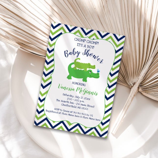 Alligator Grön Blå Pojke Baby Shower Inbjudan (Preppy Alligator Baby Shower Invitation )