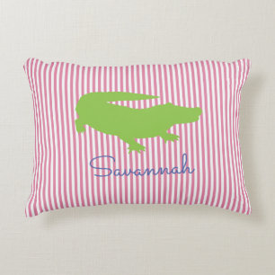 Alligator Grönt Rosa Preppy Personlig Namn Prydnadskudde