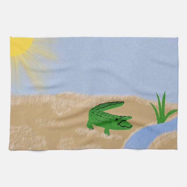 Alligator Grönt Whimsical Tecknad Art Kökshandduk (Horisontell)