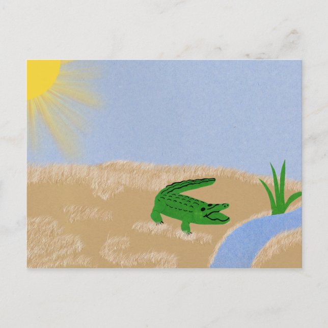 Alligator Grönt Whimsical Tecknad Art Vykort (Framsida)