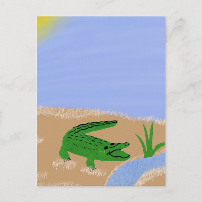 Alligator Grönt Whimsical Tecknad Art Vykort (Framsida)