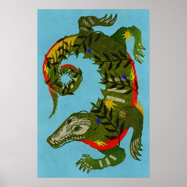 Alligator Guardian Japansk Abstrakt Bauhaus Poster (Framsidan)