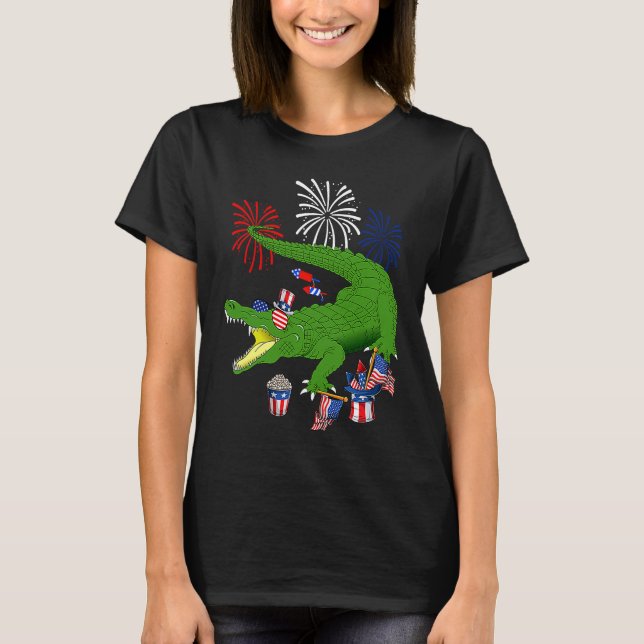Alligator Holding American Flag Sunglasses Happy 4 T Shirt (Framsida)