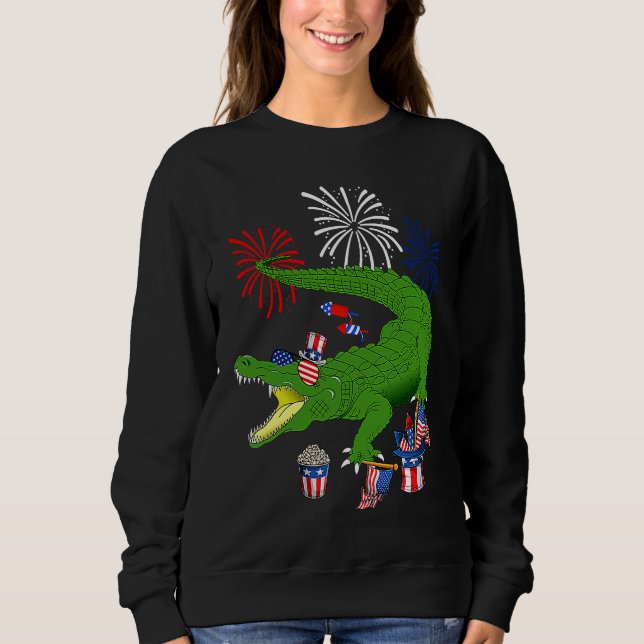 Alligator Holding American Flag Sunglasses Happy 4 T Shirt (Framsida)