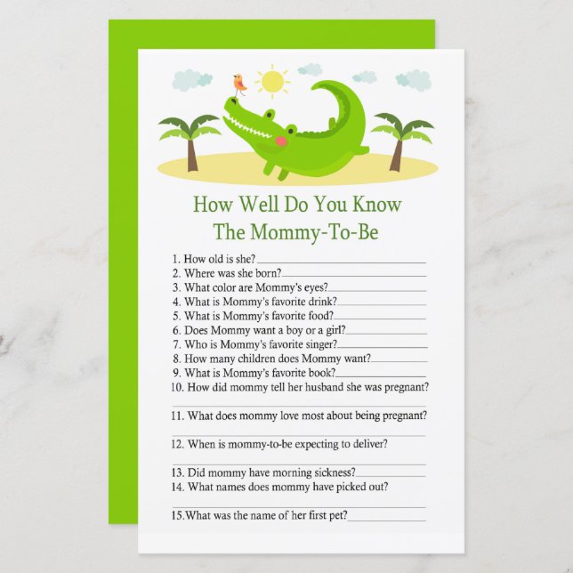 Alligator Hur bra vet du om babyduschspel? (Fram/baksida)