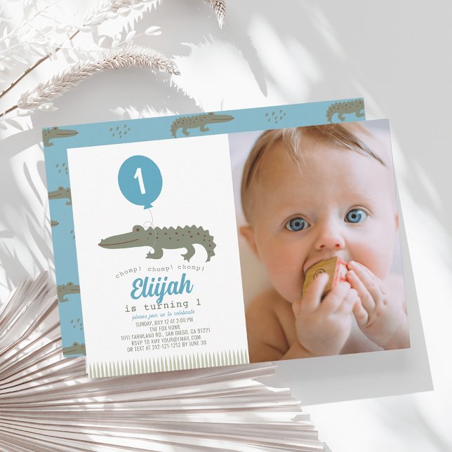 Alligator Krokodil Ballong Pojke 1-års Födelsedags Inbjudningar (Skapare uppladdad)