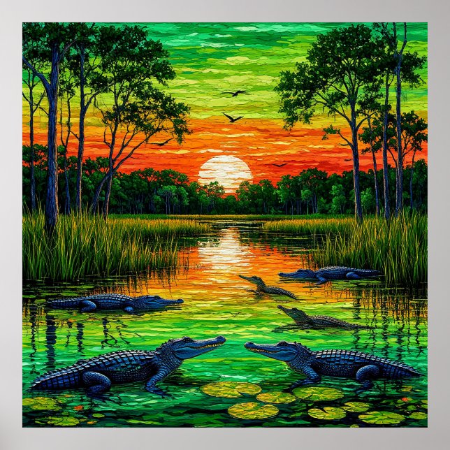 Alligator-linda Riverbank vid Sunset Poster (Framsidan)