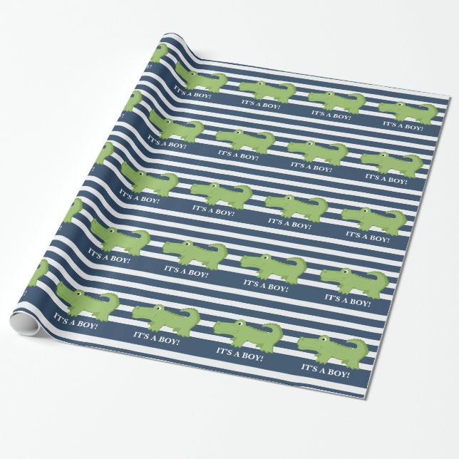 Alligator Navy och Vit Inpackningspapper Presentpapper (Utrullad)