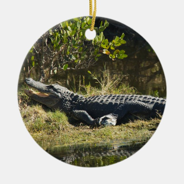 Alligator solarierar på träskbank julgransprydnad keramik (Framsidan)