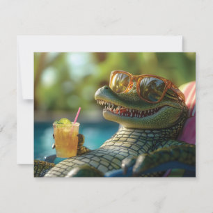 Alligator som njuter av en poolside drink julkort