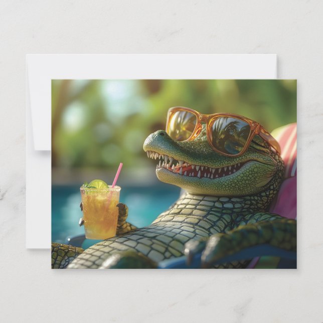 Alligator som njuter av en poolside drink julkort (Framsida)