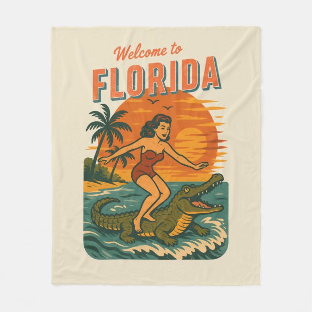 Alligator Surfing Beach Pin-up | Retro Coastal Art Fleecefilt (Framsidan)