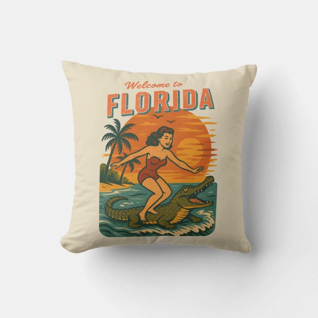 Alligator Surfing Beach Pin-up | Retro Coastal Art Kudde (Framsida)