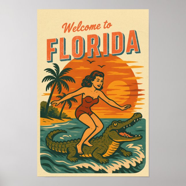 Alligator Surfing Beach Pin-up | Retro Coastal Art Poster (Framsidan)