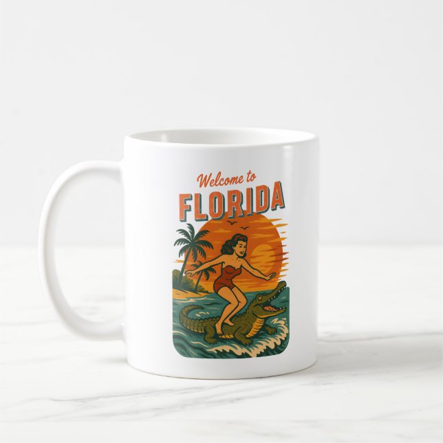 Alligator Surfing Beach Pin-up Retro Coastal Life Kaffemugg (Vänster)