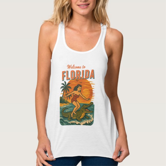 Alligator Surfing Beach Pin-up Retro Coastal Life Linne Med Racerback (Framsida)