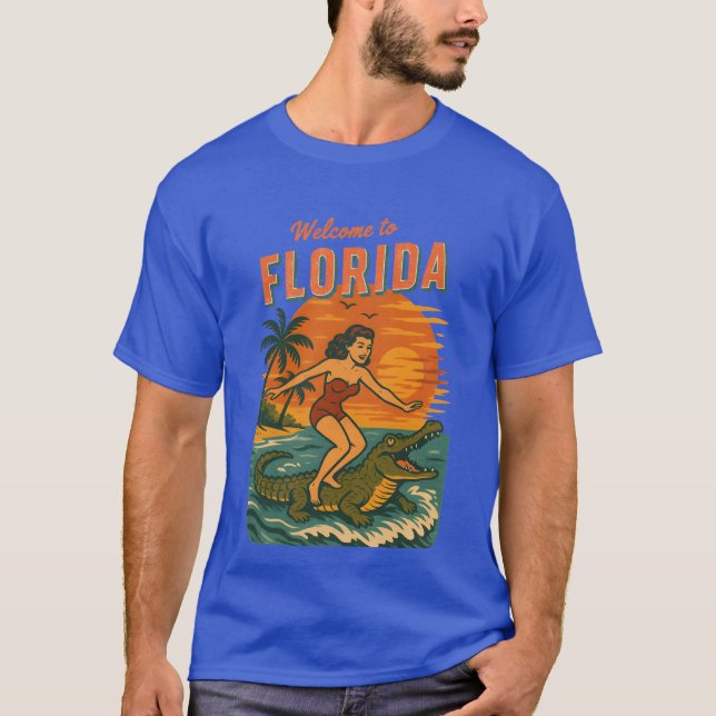 Alligator Surfing Beach Pin-up Retro Coastal Life T Shirt (Framsida)