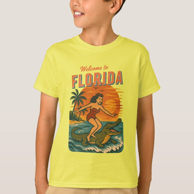 Alligator Surfing Beach Pin-up Retro Coastal Life T Shirt (Framsida)