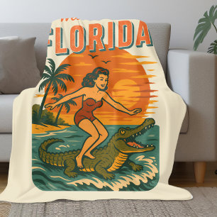 Alligator Surfing Beach Pinup Retro Kust Surfing Fleecefilt