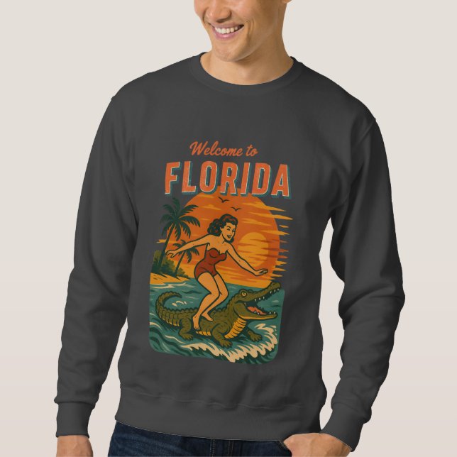 Alligator Surfing Coastal Life Graphic Retro Surf Lång Ärmad Tröja (Framsida)