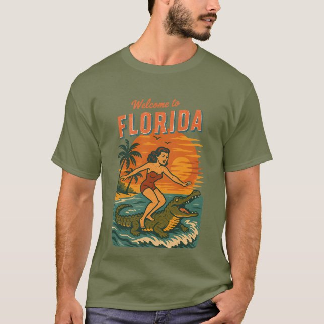 Alligator Surfing Coastal Life Graphic Retro Surf T Shirt (Framsida)