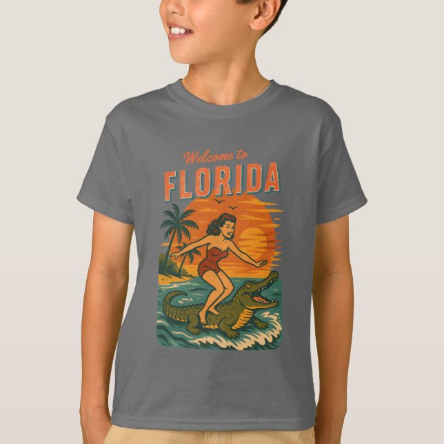 Alligator Surfing Coastal Life Graphic Retro Surf T Shirt (Framsida)
