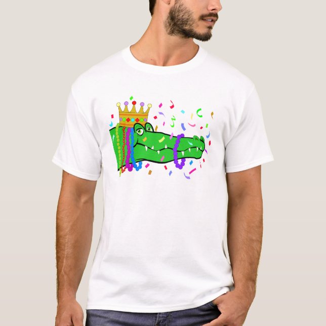 Alligatorn pryder med pärlor Mardi Gras Tee (Framsida)