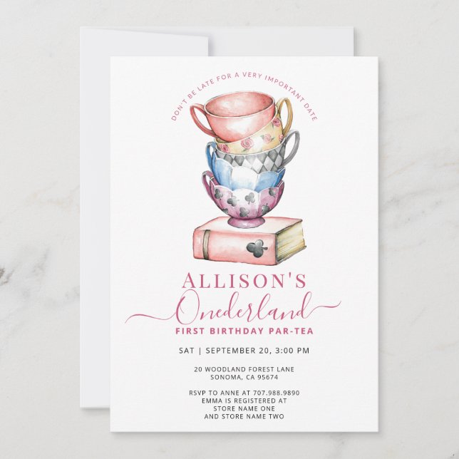 Allison's Onederland Girl's Par-Tea 1st Birthday Inbjudningar (Framsida)