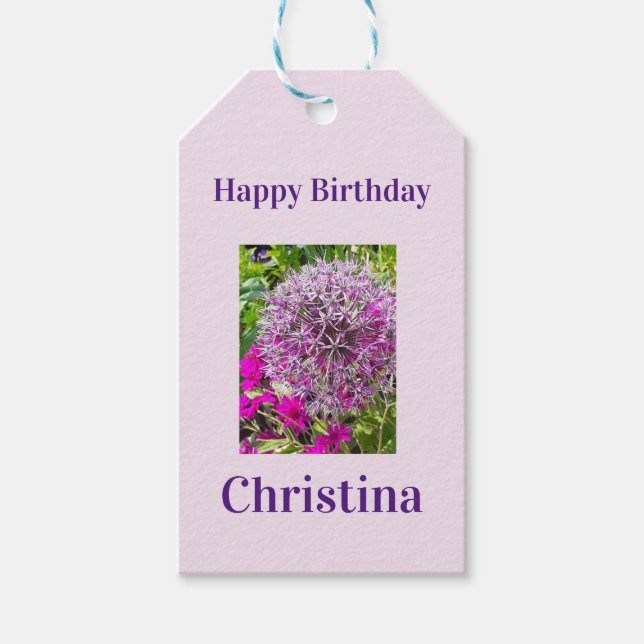 Allium & Summer Flowers Birthday Presentetikett (Framsidan)