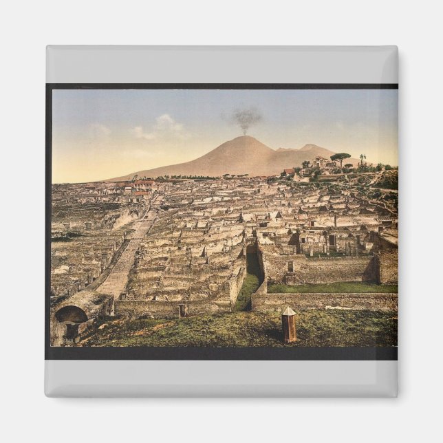 Allmän syn och Vesuvius, Pompeii, Italiens vintage Magnet (Framsidan)