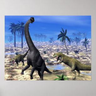 Allosaurus attackerar brachiosaurus dinosaur poster