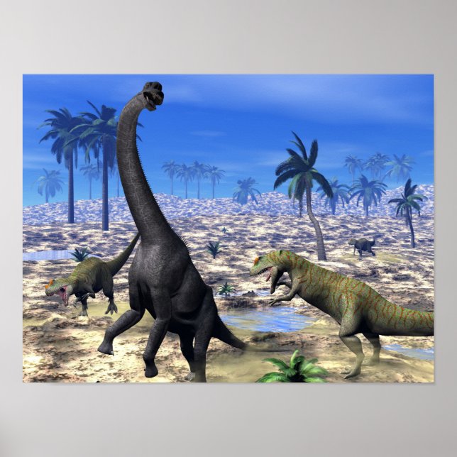 Allosaurus attackerar brachiosaurus dinosaur poster (Framsidan)