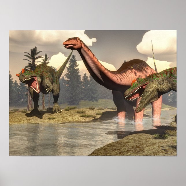 Allosaurus jakt på brontosaurus dinosaur poster (Framsidan)