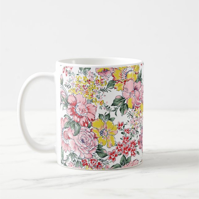 Allover-blommor mönster på vit bakgrund kaffemugg (Vänster)