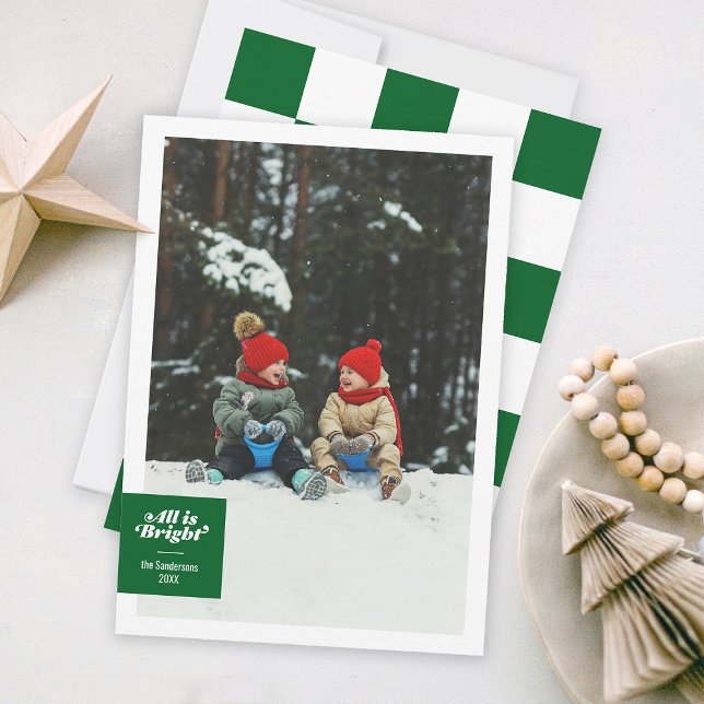 Allt är ljust fet grön rutig festlig julkort (Holiday photo family card green checkerboard bold funky type )