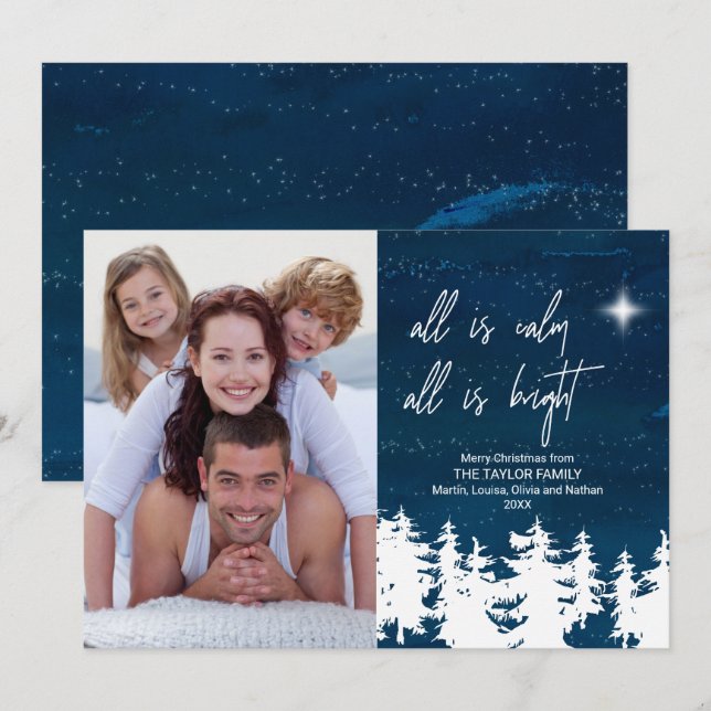 Allt är Lugn allt är ett ljust julfoto Julkort (Fram/baksida)