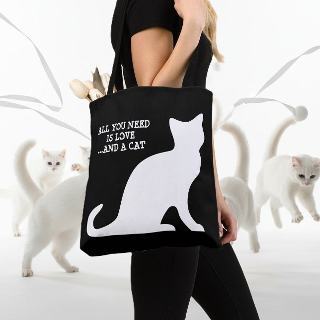 Allt du behöver är kärlek och en katt söt, svart n tygkasse (cat tote bag)