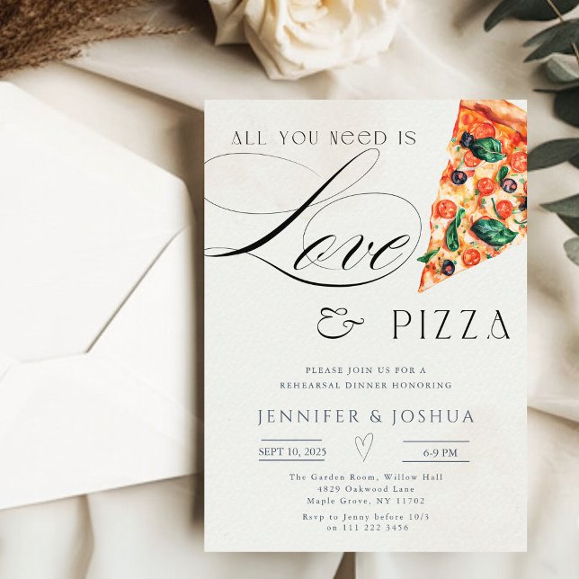 Allt du behöver är Kärlek och Pizza Rehearsal Midd Inbjudningar (All You Need is Love and Pizza Rehearsal Dinner Invitation)