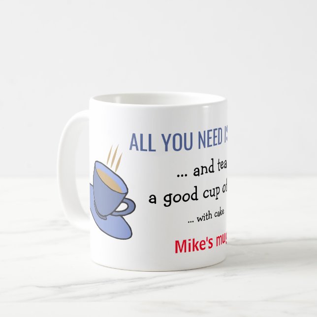 Allt du behöver är te och kaka, ditt namn kaffemugg (Framsida vänster)