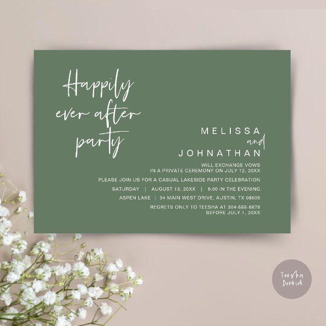 Allt gott som en bröllopsfest, skogsgrön sage inbjudningar (Happily Ever After Party Invitation Card, PDF, Modern Wedding Elopement, in Forest Sage Green)