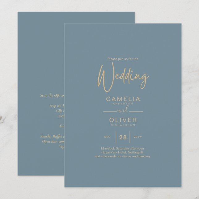 Allt-i-1-Elegant-glaset Teal Guld Bröllop QR cd Inbjudningar (Fram/baksida)