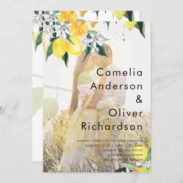 Allt-i-1-FOTOÖVERLAGA Lemons-bröllopsinbjudan QR Inbjudningar (Fram/baksida)