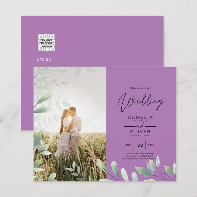 Allt-i-1 Grönska Löv Fotoöverlägg Bröllops QR (Fram/baksida)