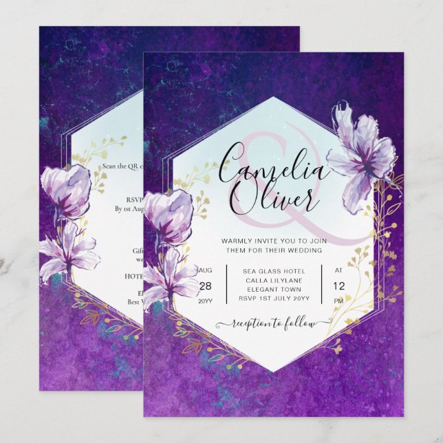Allt-i-1-plommon Lila Blommigt Bröllop Inbjudningar (Fram/baksida)