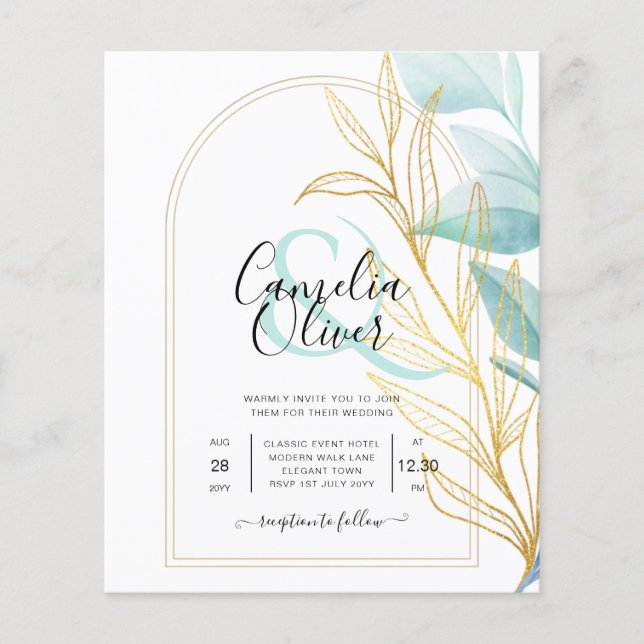 Allt-i-1-sjöglaset Aqua Grönt Guld Löv Bröllop Flygblad (Framsidan)