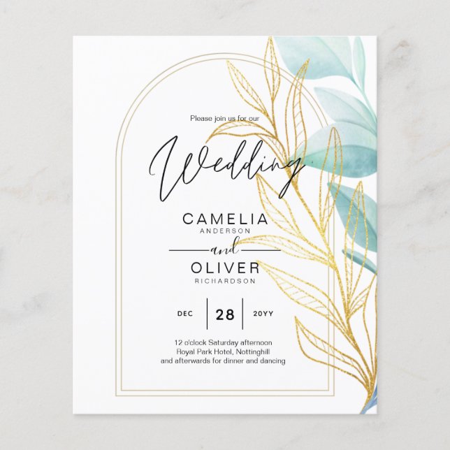 Allt-i-1-sjöglaset Aqua Grönt Guld Löv Bröllop Flygblad (Framsidan)